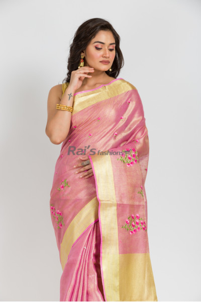 Tissue Linen Saree With Golden Zari Border And Fine Embroidery Work All Over (KR200)